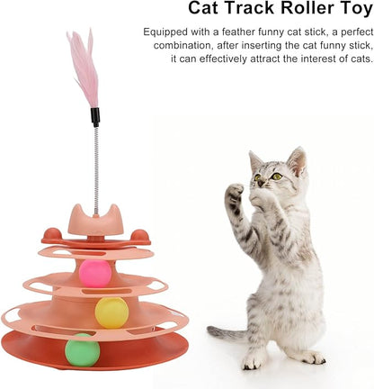 Cat Turntable Ball Toy, 4 Level Interactive Kitten Track Roller Exercise Toy with Feather Stick, Cats Toys Tower Cat Puzzle Toy Suitable for Interactive Kittens Chase Exercise