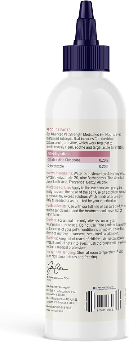 Vetnique Oticbliss Advanced Strength Dog Ear Infection Treatment Flush, Antiseptic Cat & Dog Ear Cleaner Solution Medicated with Chlorhexidine & Ketoconazole Helps with Ear Yeast (6oz Flush)