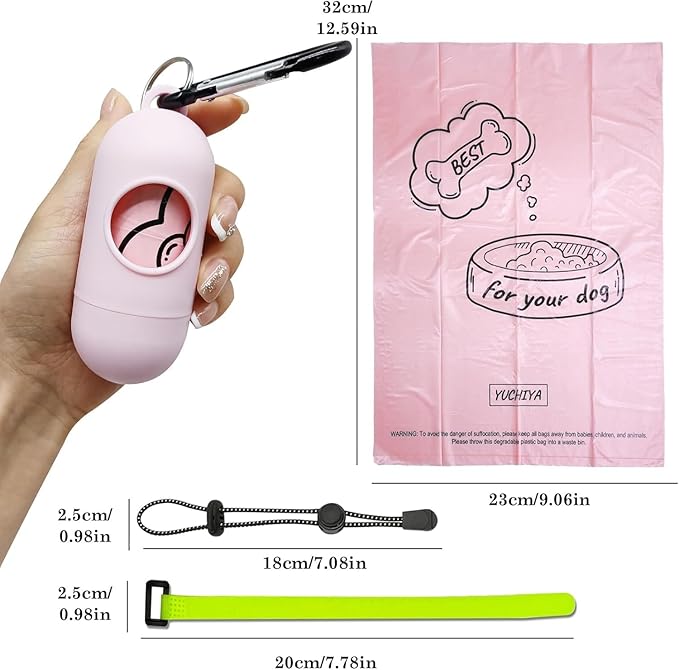 2 Pack Dog Poop Bag Holder with 2 Rolls of Blue Leak-Proof Dog Waste Bags Poop Bag Dispenser with Leash Clip Key Ring (Pink, 1 Holder 135 Bags)