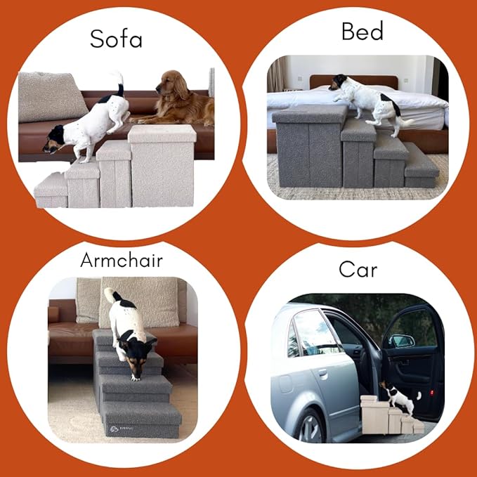 5-Step Dog Stairs for Small, Medium Dogs with Storage Box - Durable Folding Pet Steps, Padded Lid and Container; Dog Steps for Bed and Couch + Hair Brush Gift (Light Grey, Large, 5.0.)
