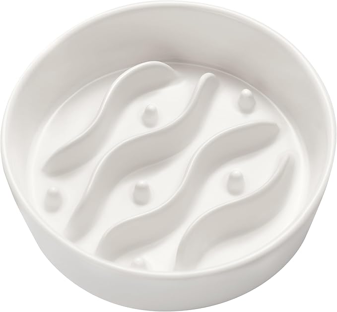 Ceramic Slow Feeder Dog Bowls for Small Dogs, 0.6 Cup Dog Slow Feeder for Fast Eater, Puzzle Maze Bowl, 14oz, 6in, White