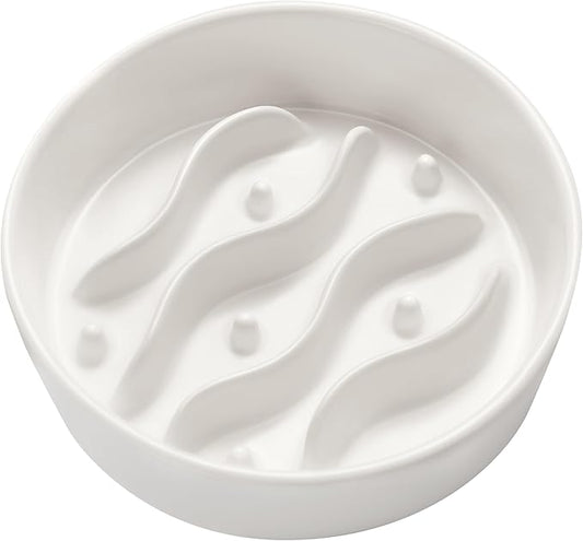 Ceramic Slow Feeder Dog Bowls for Small Dogs, 0.6 Cup Dog Slow Feeder for Fast Eater, Puzzle Maze Bowl, 14oz, 6in, White