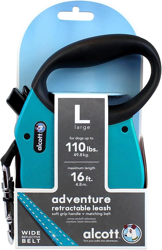 Alcott Adventure Retractable Reflective Belt Leash – 16 Feet Long – Large for Dogs up to 110 lbs, Blue with Black Soft Grip Handle – Durable & Comfortable Dog Leash
