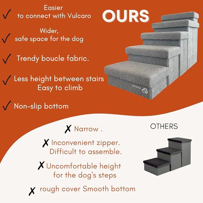 5-Step Dog Stairs for Small, Medium Dogs with Storage Box - Durable Folding Pet Steps, Padded Lid and Container; Dog Steps for Bed and Couch + Hair Brush Gift (Light Grey, Large, 5.0.)