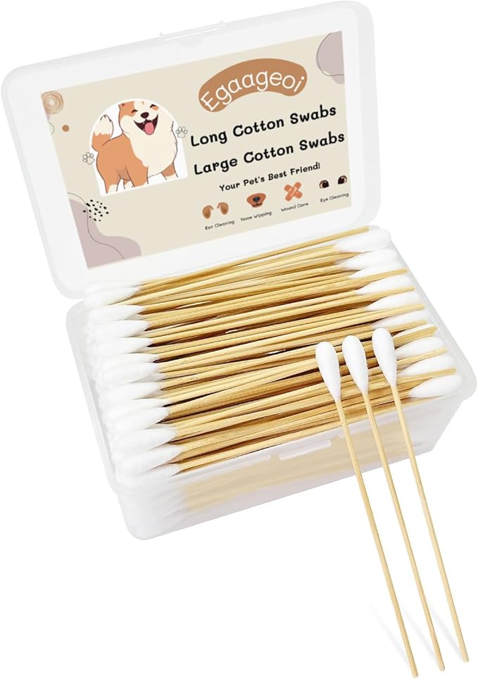 Egaageoi 200 Count Large Cotton Swabs for Dogs & Cats (6 Inch) | Biodegradable Bamboo Handle Tips for Pet Ear Cleaning | Soft Fragrance-Free Applicators for Ointments & Medication