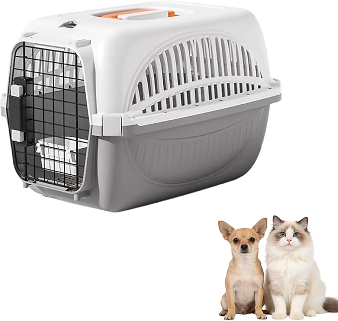 Dog and Cat Kennel Hard Sided, Pet Carrier for Mini Dogs and Cats, Portable Crate with Steel Wire Door, Water Bowl and Urine Separator for Car, Airplane, Outdoor (Grey)