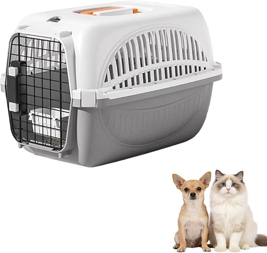 Dog and Cat Kennel Hard Sided, Pet Carrier for Mini Dogs and Cats, Portable Crate with Steel Wire Door, Water Bowl and Urine Separator for Car, Airplane, Outdoor (Grey)