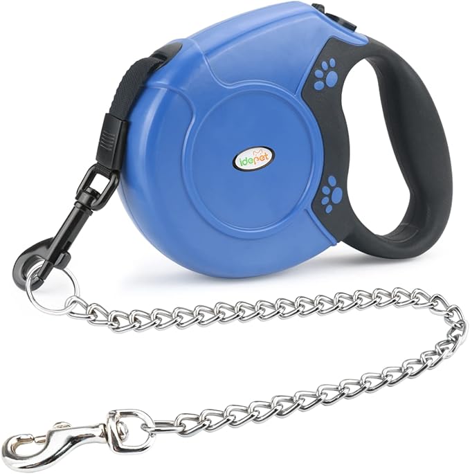 Idepet Heavy Duty Retractable Dog Leash for Small and Medium Dogs, Anti-Chewing Steel Chain 360 Degree Tangle-Free,Break and Lock System,16ft Leash for Dog Walking (Blue, Flat Rope)