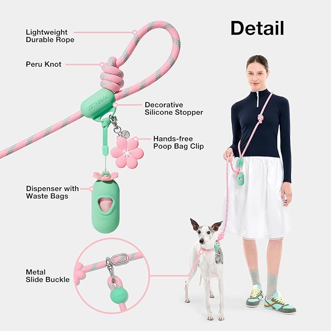 VETRESKA Hands-Free Dog Leash, 8FT Adjustable Rope Leash for Medium Large Dogs, Waist/Crossbody Slip Lead Leashes for Walking, No Pull Dog Leashes with Bag Dispenser, Clip, 3 in 1 Walk Kit (Flora)