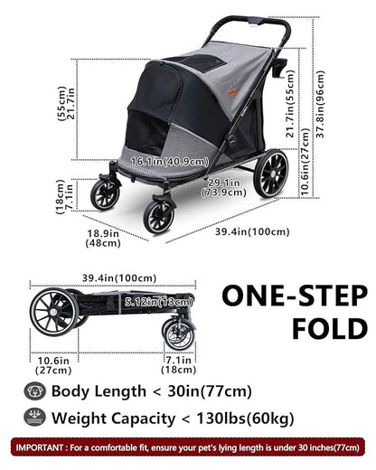 Dog Stroller for Large Dogs & Cats up to 130 lbs,Foldable Large Pet Stroller for 2 Dogs with 360° Wear-Resistant Rubber Wheels Mesh Windows,Extra Large Heavy Duty,All Terrain Wagon Cart with Air Mesh