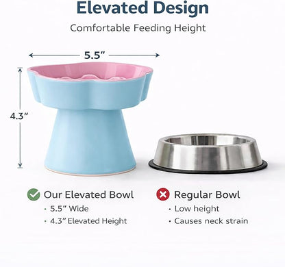 Ceramic Elevated Slow Feeder Cat Bowl, Raised and Gently Tilted Feeding Dish with Maze Design, Whisker-Friendly, Easy to Clean, for Indoor Cats and Small Dogs (Blue/Pink)