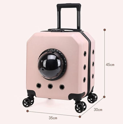 Double Compartment Pet Luggage with Wheels Cat Dog, Telescoping Handle Breathable Transparent Cover for Small and Medium Animals (Pink)