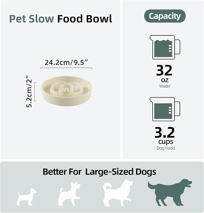 Ceramic 3.2 Cup Slow Feeder Dog Bowl for Large Dog, 9.5inch Puzzle Food Dish, Anti-Gulping, Stop Bloat, Preventing Choking (Single Bowl-Light Yellow)