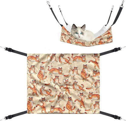 WIRESTER Reversible Cat Hanging Hammock 22.8 x 18.9 Inch, Pet Cage Hammock Bed with Adjustable Straps, Soft Sleeping Hammock for Cat, Ferret, Puppy Dog, Rabbit, Small Animals - Orange Tabby Cat Funny
