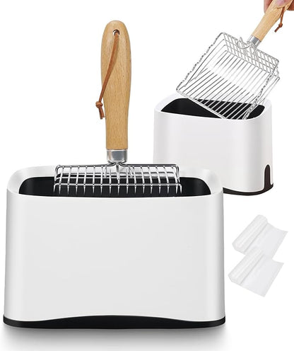 Metal Cat Litter Scoop with Holder, Poop Scooper with Stand&2 Rolls of Garbage Bag, Heavy Duty Stainless Steel Shovel with Wooden, Kitty Quick Sifter for Easy
