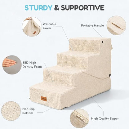 5-Step Dog Stairs and Ramp for Small Dogs and Cats, Pet Steps for High Bed with Non-Slip Bottom, Beige