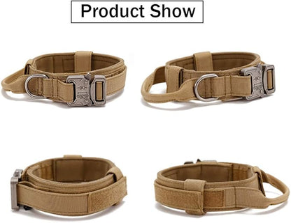 Tactical Dog Collar and Leash Set Tactical Dog Collar with Handle Bungee Leash Adjustable Military Training Nylon Collar Dog Training Collar Leash Set with Control Handleand Metal Buckle （Brown L