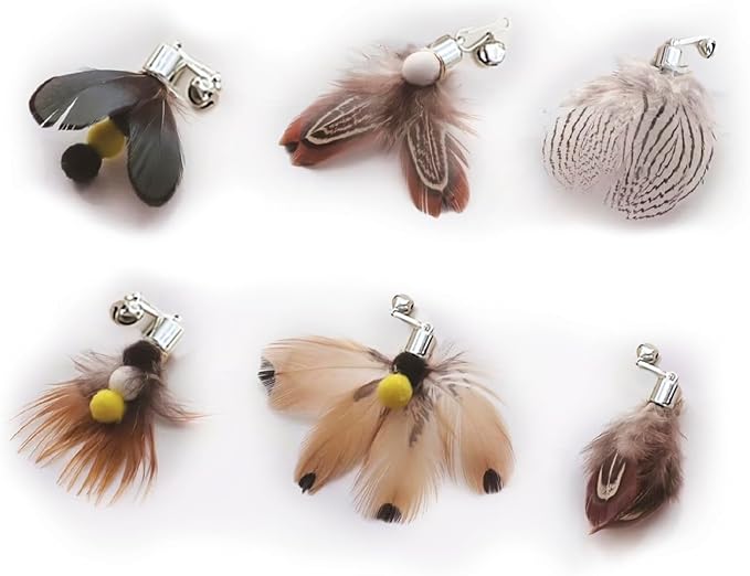 Cat Insect Feather Toy Wand Replacement,Cat Toys Feather Refills,Set of 6 Replacement Heads with Bells,Natural Feather Interactive Cat Toys (Style A)