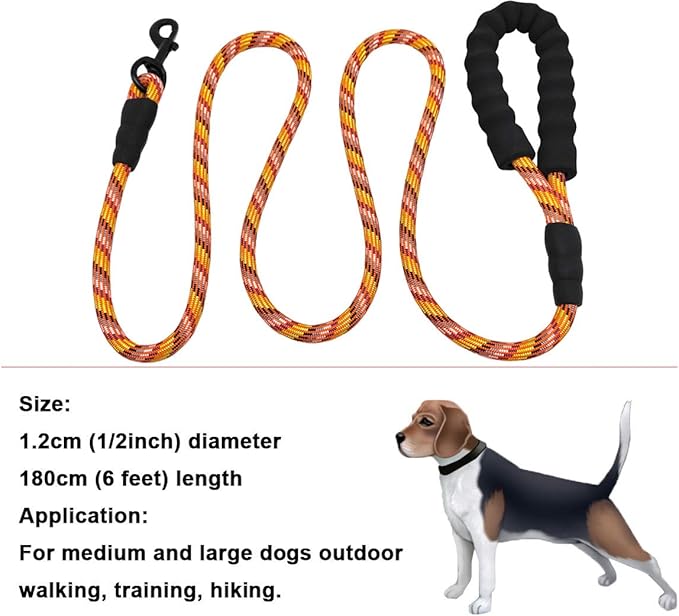 MayPaw Heavy Duty Rope Dog Leash, 3/4/5/6/7/8/10/12/15 FT Nylon Pet Leash, Soft Padded Handle Thick Lead Leashes for Large Medium Dogs (Colorful, 1/2" * 6')