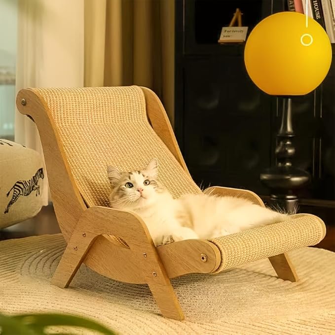 Natural Wood Cat Hammock with Scratching Board – Durable Sisal Lounger for Indoor Cats, Ergonomic Cat Furniture for Rest, Play & Scratching | Sturdy & Stylish Design (Small)