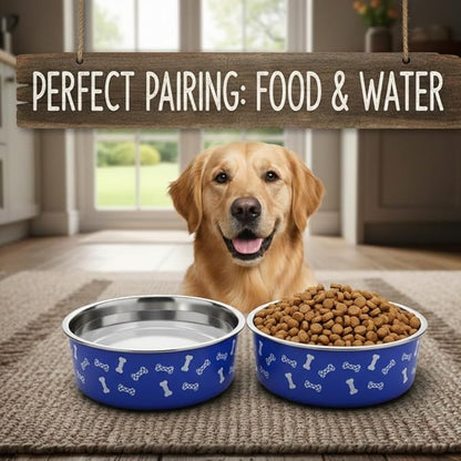 Anti-Skid Stainless Steel Dog Bowl with Anti-Skid Base, 32 fl oz | Food & Water Bowl for Small Dogs, Puppies & Cats, | Durable Pet Bowl, Blue Bone Print