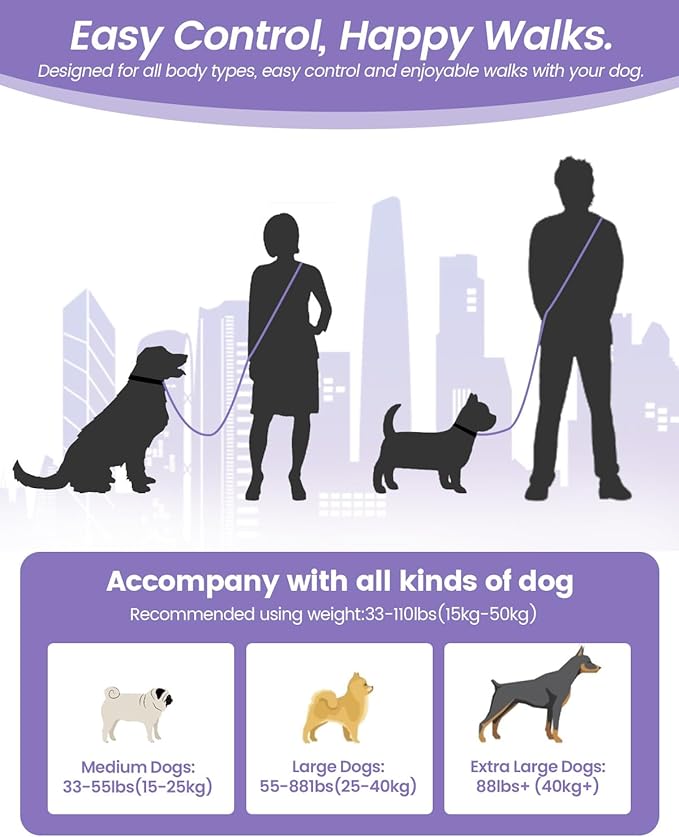 Hands Free Dog Leash, 2-in-1 Detachable Pet Seatbelt,5.9-9.2 ft Crossbody Dog Leash with Double-Sided Reflective for Walking, Hiking, Travel etc.(Purple)