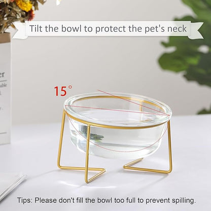 Small Glass Tilted Elevated Cat Dog Bowl Raised Cat Food Water Bowl Dish Pet Comfort Feeding Bowls with Gold Iron Stand
