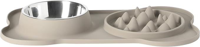 Gibson Home Curious Canines Slow Feeder Dog Bowl Set, 16” Bone Shaped Double Bowl, Silicone Base with Stainless Steel Insert, Anti-Gulp Feeding, Dishwasher Safe, Taupe