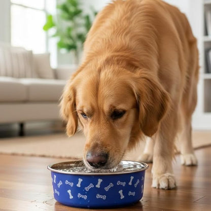 Anti-Skid Stainless Steel Dog Bowl with Anti-Skid Base, 32 fl oz | Food & Water Bowl for Small Dogs, Puppies & Cats, | Durable Pet Bowl, Blue Bone Print