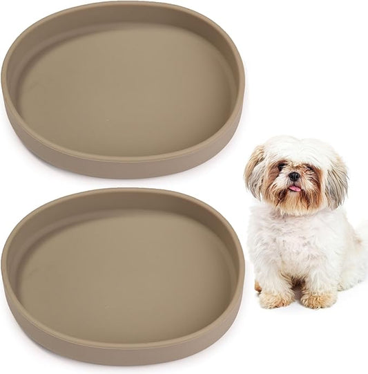 VCEPJH 2 Pack Silicone Dog Plates for Food Shallow Pet Bowl Flat Puppy Food Bowl Whisker Fatigue Cat Feeding Bowls Noiseless Dishes for Dry and Wet Food (Square-Round Brown)