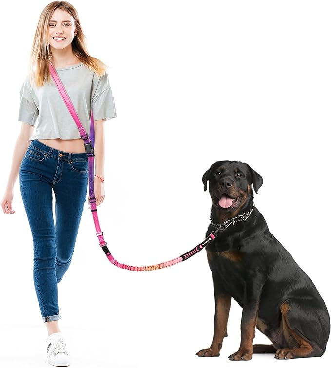 Philorn Hands Free Dog Leash, Crossbody Dog Leash, 6.9-8.9 Ft Multifunctional Waist Walking Belt with Car Safety Buckle for Large and Medium Dogs Jogging,Running,Training (Pinkish-Purple, 25-120 lbs)