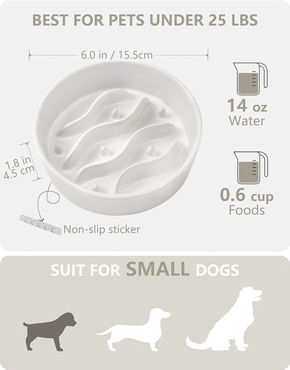 Ceramic Slow Feeder Dog Bowls for Small Dogs, 0.6 Cup Dog Slow Feeder for Fast Eater, Puzzle Maze Bowl, 14oz, 6in, White