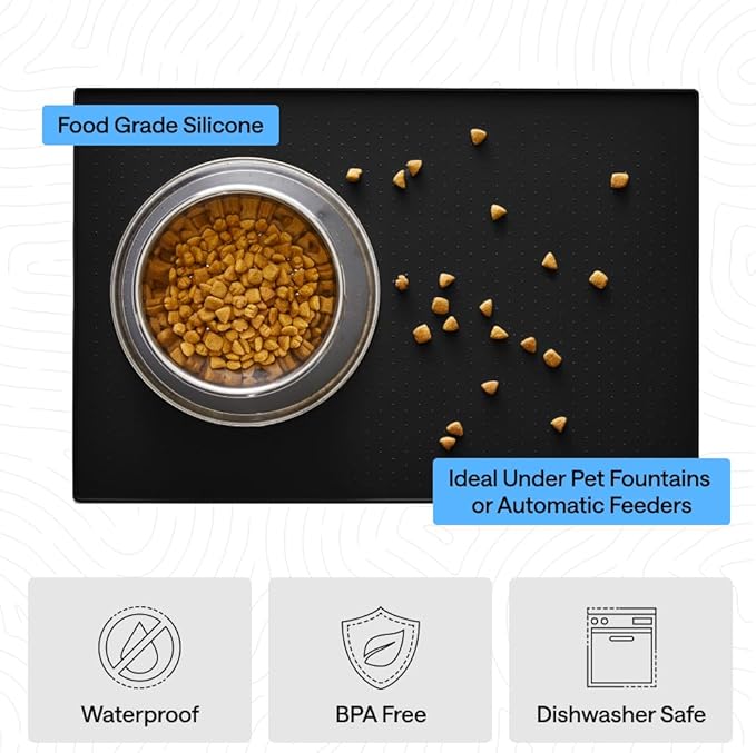 GORILLA GRIP 100% Waterproof Raised Edge BPA Free Silicone Pet Feeding Mat, Dog Cat Food Mats Contain Spills Protects Floors, Placemats for Cats and Dogs Water Bowl, Pets Accessories 23x15 Black