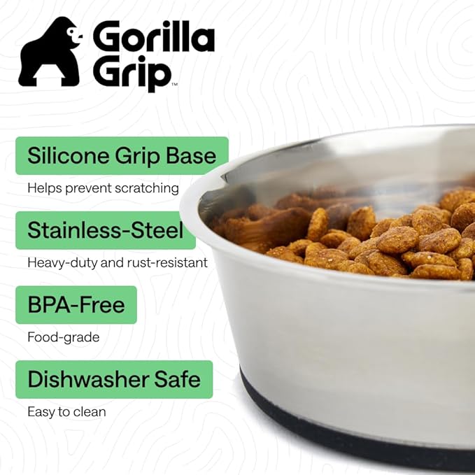 GORILLA GRIP Dog Bowls, Food Grade 304 Stainless Steel, Holds 6 Cups Each (48 fl oz) Food and Water Bowl for Feeding Dogs and Cats, Dishwasher Safe, Rust Resistant, BPA Free Rubber Base Set of 2 Black