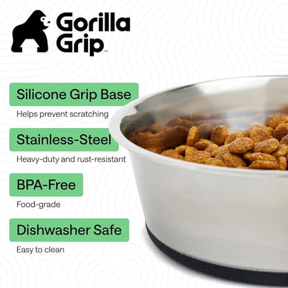 GORILLA GRIP Dog Bowls, Food Grade 304 Stainless Steel, Holds 6 Cups Each (48 fl oz) Food and Water Bowl for Feeding Dogs and Cats, Dishwasher Safe, Rust Resistant, BPA Free Rubber Base Set of 2 Black