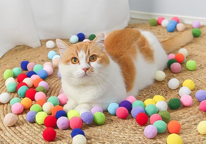 200pcs Cat Toy Ball Fun Colorful Plush Self Play Toys Pom Balls Shooting Interactive for Indoor Cats Enrichment Kittens Puff Ball Playing (Only 200 Pieces Balls)