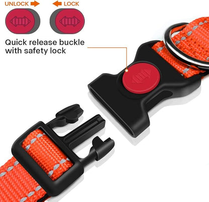 Taglory Reflective Dog Collar with Safety Locking Buckle, Soft Neoprene Padded Dog Collar for Large Dogs, Metal D-Ring, Adjustable Nylon Neck Strap for Daily Walking, Training & Running, Orange, L