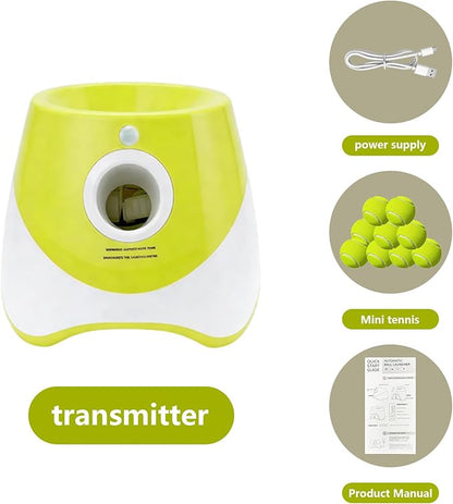 Automatic Dog Ball Launcher for Small to Medium Dogs - Hands-Free Interactive Fetch Toy, 3 Adjustable 10-30Ft Distance, 9 Pcs 2 Inch Eco-Friendly Dog-Safe Mini Tennis Balls. (Green)