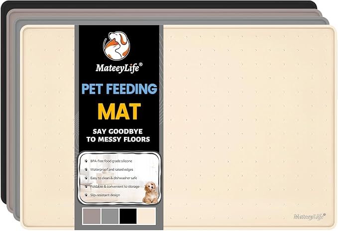 MateeyLife Dog & Cat Food Mat for Floors Waterproof, Nonslip Pets Bowl Mats for Dining and Drinking, Dogs Feeding Mats with Raised Edges, Silicone Cats Matt Tray for Messy Drinkers, 24"x16", Beige