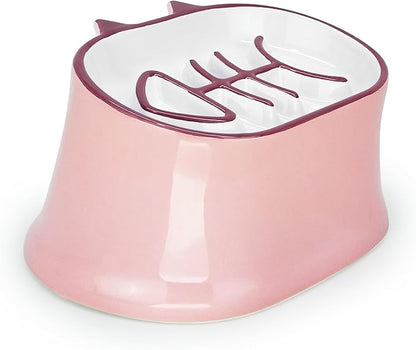 Y YHY Elevated Cat Food Bowl - Slow Feeder With Tilted Design, Ceramic Dog Bowl, Fish Bone Anti-Vomiting for Dry and Wet Food, Pink