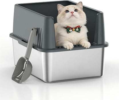 Stainless Steel Metal Litter Box for Kittens & Small Cats, 11.8" High Sides Prevent Litter Scatter, Open Top Litter Pan Anti-Leak & Easy Clean, Compact Space-Saving Size 17.3x13.4x11.8 Inches
