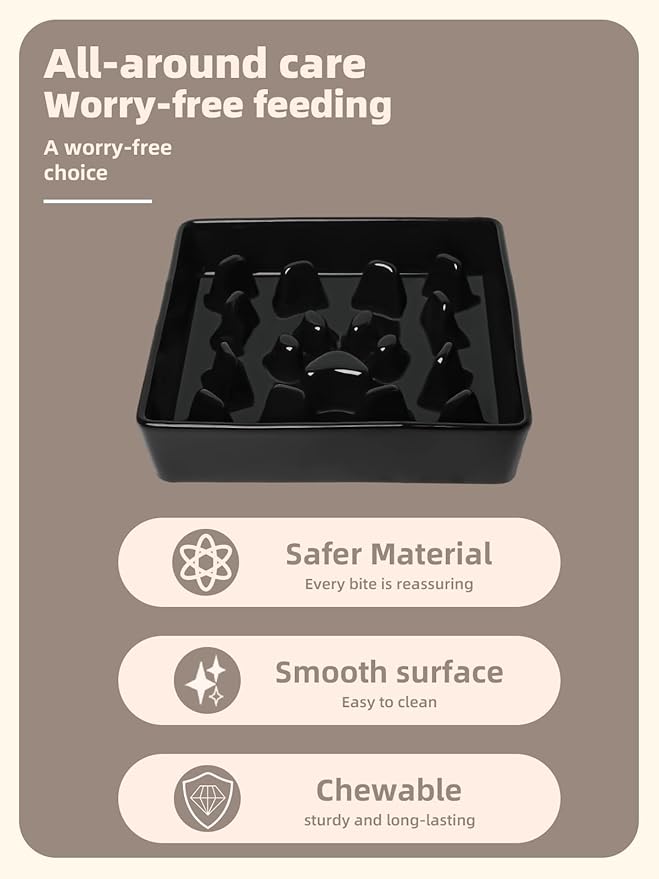 GDCZ Dog Slow Feeder Bowls, Square Ceramic Pet Food Bowl for Medium Breed, Fun Dog Bowls to Slow Down Eating (Black, M-1.8 Cups)