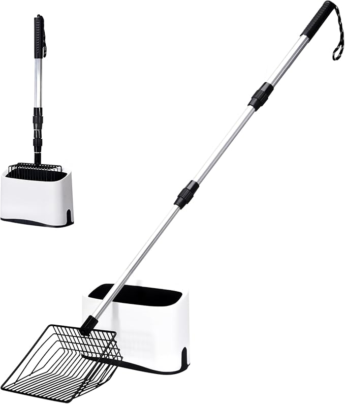 Metal Cat Litter Scoop with Holder, 43" Extendable Long Handle Cat Scooper for Litter Box, Solid & Durable, Deep Shovel for Fast Sifting, Large Pet Pooper Scooper for Kitty/Outside Dog Poop