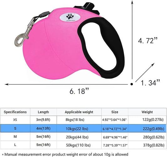 13ft Retractable Dog Leash for Small Breed Dogs up to 22 lbs with a Detachable Chew Proof Extender Wire Ropes (Pink S)