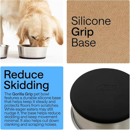 GORILLA GRIP Dog Bowls, Food Grade 304 Stainless Steel, Holds 4 Cups Each (32 fl oz) Food and Water Bowl for Feeding Dogs and Cats, Dishwasher Safe, Rust Resistant, BPA Free Rubber Base Set of 2 Black