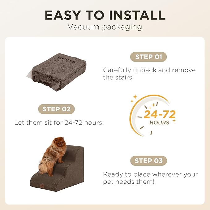 Joydeco Dog Stairs for Bed 17.1" H, 3-Step Pet Steps for Small Dogs and Cats, Dog Steps for High Bed, Non-Slip Balanced Ramp Indoor Pet Stairs, Brown