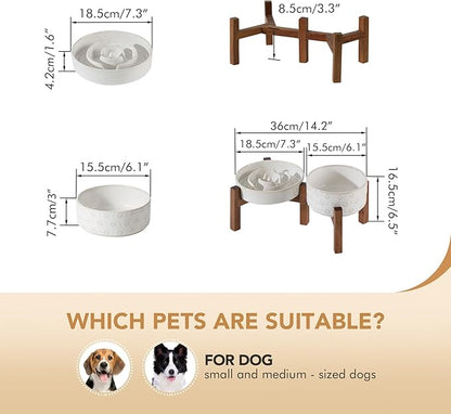 Ceramic 1.2 Cup Raised Slow Feeder Dog Bowl Set, Elevated 6.1inch Bowl and 7.3inch Dish with Acacia Wood Stand for Small and Medium Dog(2 x Reactived Glaze -White+ Stand)