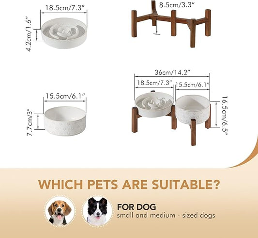Ceramic 1.2 Cup Raised Slow Feeder Dog Bowl Set, Elevated 6.1inch Bowl and 7.3inch Dish with Acacia Wood Stand for Small and Medium Dog(2 x Reactived Glaze -White+ Stand)