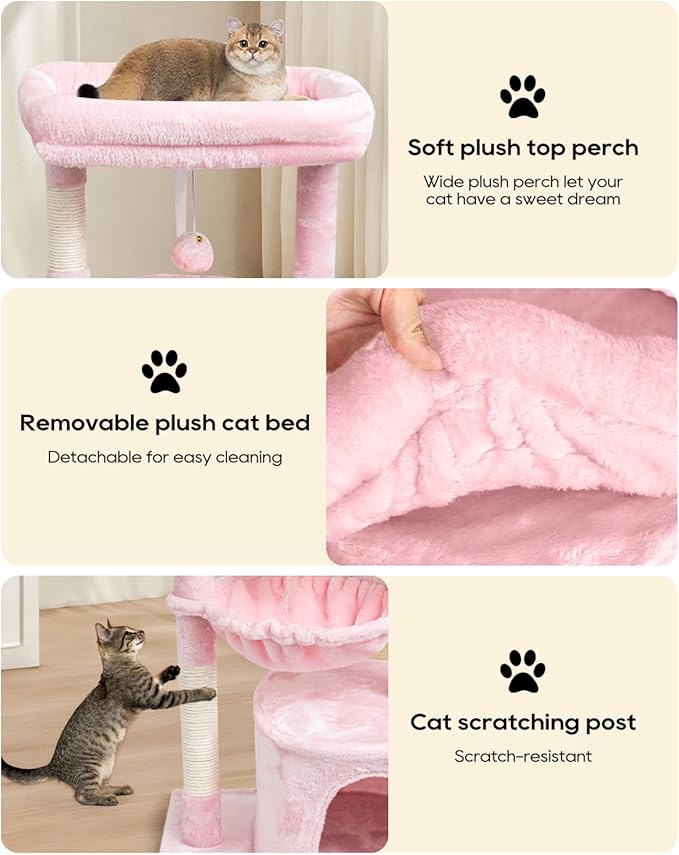 SYANDLVY Small Cat Tree for Indoor Cats, Cat Tower with Scratching Post, Modern Cat House with Padded Perch, Kittens Condo with Cradle, Cat Cave, Pink