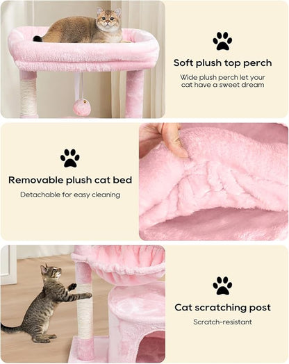 SYANDLVY Small Cat Tree for Indoor Cats, Cat Tower with Scratching Post, Modern Cat House with Padded Perch, Kittens Condo with Cradle, Cat Cave, Pink